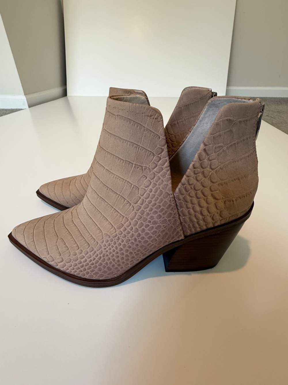 Leather Vince Camino Taupe Croc-Embossed Cutout Ankle Booties. 4” heel.